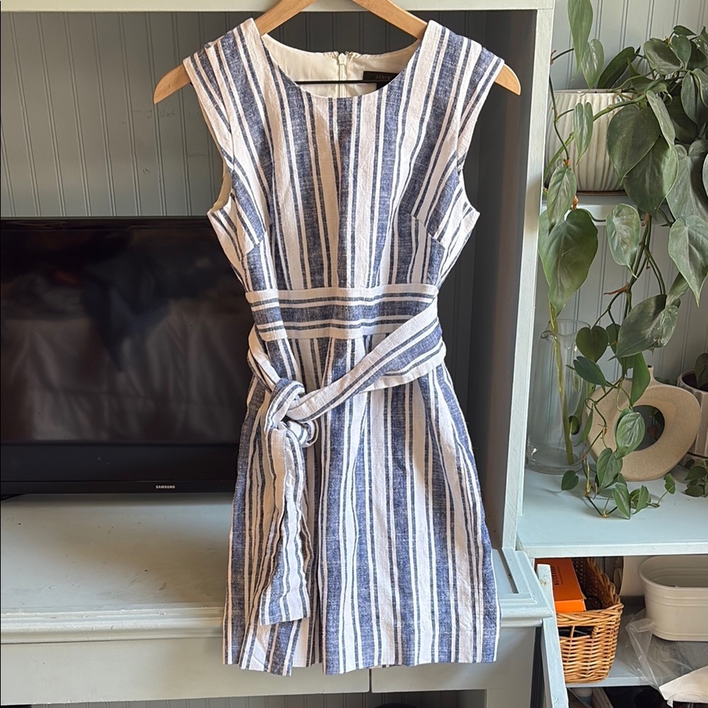 J. Crew Navy and White Striped Sleeveless Mini Dress with Tie Waist